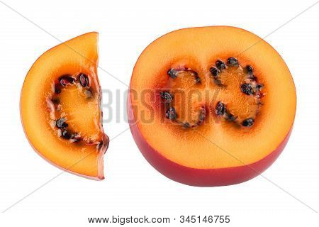 Fresh Tamarillo Fruit Half Isolated On White Background