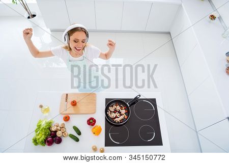 Hign Angle Above Photo Of Housewife Spending Morning Listening To Music Modern Earphones Dancing Cho