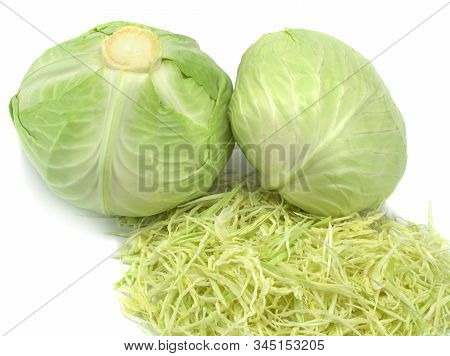 Two Cabbage And Shredded Cabbage Isolated On White Background