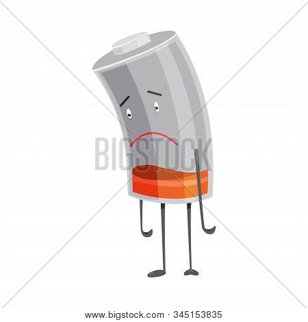 Sad Battery Man Standing. Low Battery Indication, Need To Charge. Element Of Alternative Energy. Vec