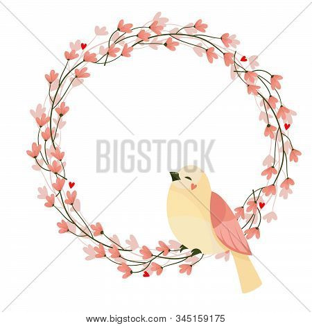 Beautiful Pink Wreath With Flowers And Bird.