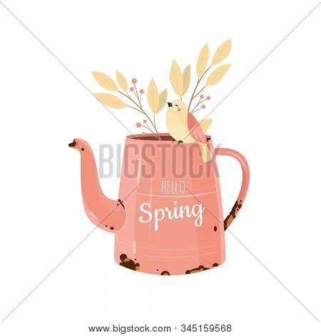 Hello Spring Vector Illustration. Hand Drawn Elements - Watering Can, Branches, Bird.