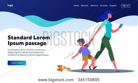 Son Losing His Toy Walking With Mother. Woman With Boy Hurrying Flat Vector Illustration. Carelessne