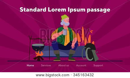 Aged Traveler Drinking Tea Near Campfire. Old Man Sitting On Log Flat Vector Illustration. Camping, 
