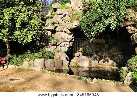 Oporto, Portugal- January 6, 2020: Beautiful Pond In The Idyllic Crystal Palace Garden In Oporto, Po