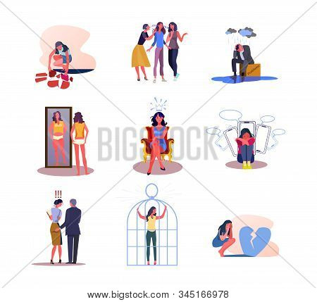 Set Of People Experiencing Negative Emotions. Flat Vector Illustrations Of Men And Women Disappointe