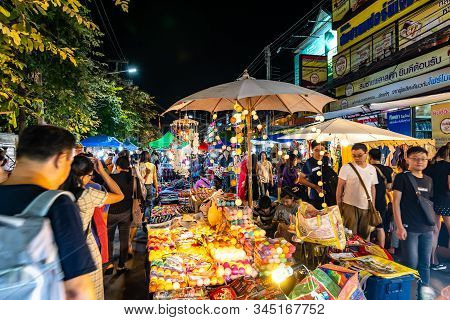Chiang Mai, Thailand - 3.11.2019: Night Market In Chiang Mai City Shortly After Sunset. Tourist Are