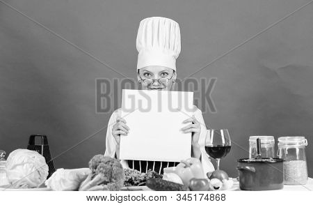 Girl Read Book Best Culinary Recipes. Culinary School Concept. Book By Famous Chef Copy Space. Profe