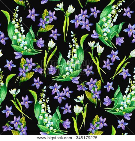 Spring Flowers: Snowdrop, May-lilly, Viola  Seamless Pattern, Hand Paint Watercolor Illustration.