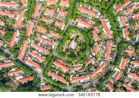 Caotun, Taiwan - October 31th, 2019: aerial view of street scenery with old house and trees at Zhongxing New Village, Nantou, Taiwan