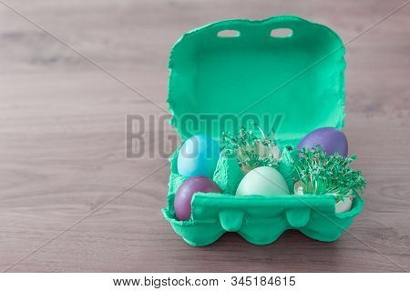 Decorative Handmade Easter Egg Present Box With Eggs And Cress. Beautiful Decoration Easternest Bask