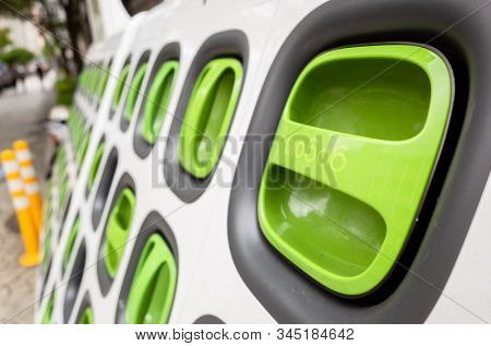 Taipei, Taiwan - June 7th, 2019: charging station for battery packs of Taiwan-based Gogoro electronic motocycle at street in Taipei, Taiwan, Asia