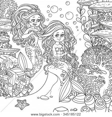Cartoon Little Mermaid Girl Dancing With An Octopus On Underwater World With Corals,  Actinia And Fi