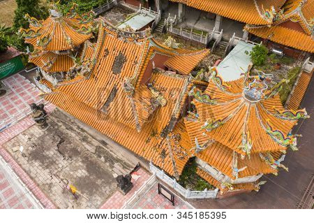 Nantou, Jiji, Taiwan - September 14th, 2019: aerial view of ruins of Wuchanggong temple when earthquake at september 21, 1999