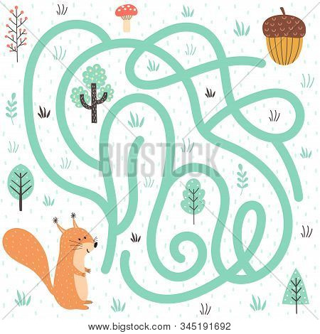 Help The Squirrel Find The Way To The Nut. Forest Labyrinth For Kids