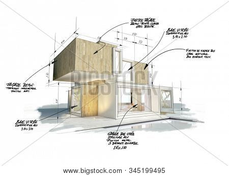 3D rendering of a modern cubic house with notes, measurements and indications