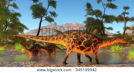 Dicraeosaurus Herd 3d Illustration - A Dicraeosaurus Dinosaur Herd Take A Refreshing Dip In A Stream