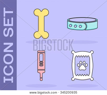 Set Bag Of Food For Dog, Dog Bone, Medical Digital Thermometer And Collar With Name Tag Icon. Vector