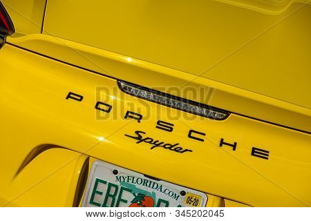 Orlando, Fl/usa-1/15/20: The Rearend Of A Yellow Porsche Spyder.