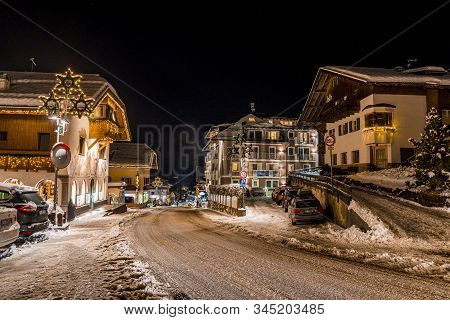 Val Gardena. December 20, 2019. Cozy Town Of Val Gardena At Night Near Dolomite Mountains In Italy. 