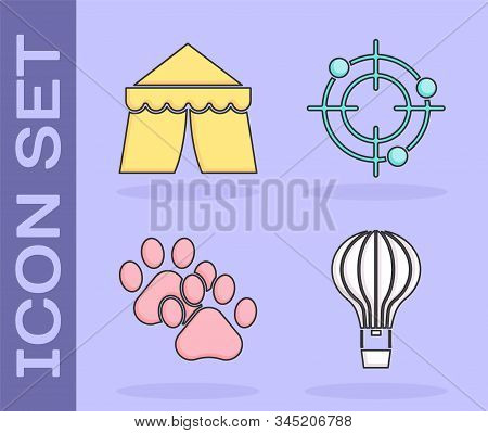 Set Hot Air Balloon, Circus Tent, Paw Print And Target Sport For Shooting Competition Icon. Vector