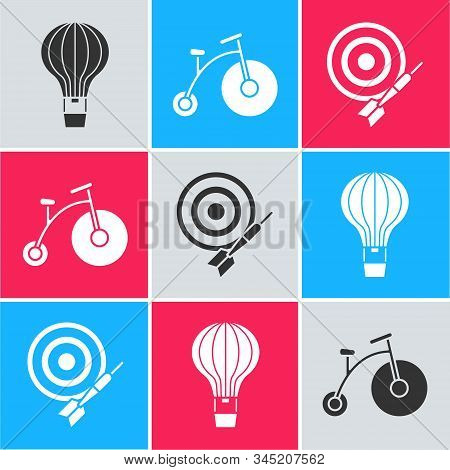 Set Hot Air Balloon, Vintage Bicycle With One Big Wheel And One Small And Classic Dart Board And Arr