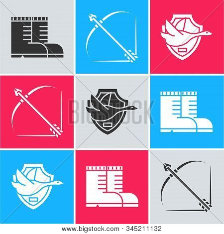 Set Hunter Boots, Bow And Arrow In Quiver And Flying Duck On Shield Icon. Vector