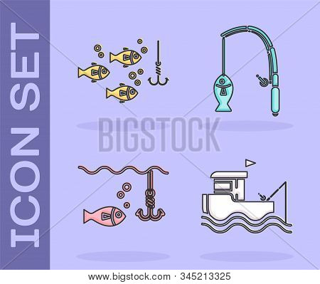 Set Fishing Boat With Fishing Rod On Water, Fishing Hook Under Water With Fish, Fishing Hook Under W