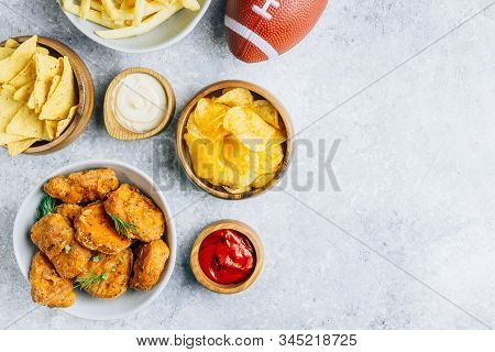 Table Fof Tasty Snacksprepared For Watching Sports On Tv. Top View. Flt Lay