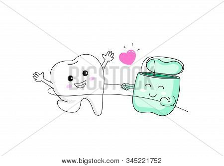 Cute Cartoon Tooth Character Using Dental Floss.  I Love Floss, Dental Care Concept. Vecotr Illustra
