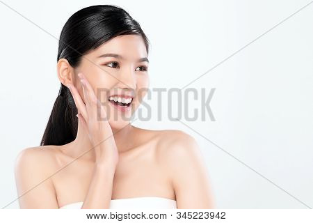 Portrait Beautiful Young Asian Woman Clean Fresh Bare Skin Concept. Asian Girl Beauty Face Skincare 