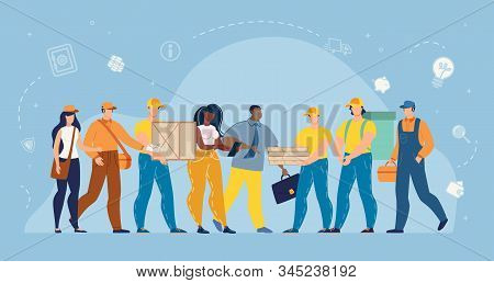 Man And Woman Working At Delivery Service, Hotline Operator And Customers Internet Users. Post Offic