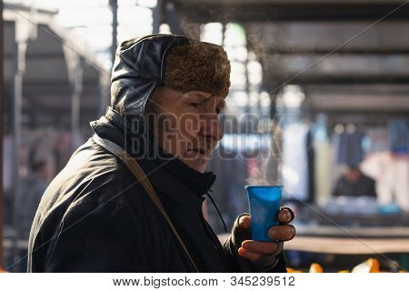 Belgrade, Serbia - 15.1.2020. Old Man Portrait On Market. Pensioner Lifestyle. Real Life Photo Of Ol