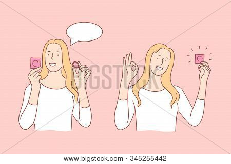 Healthcare, Contraception, Advertisement, Speech Bubble Set Concept. Young Woman Shows Condoms As Me