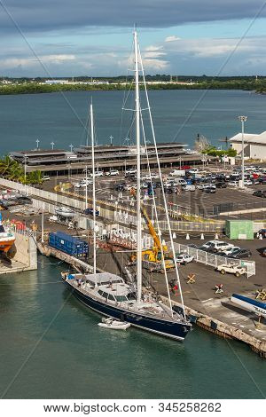 Pointe-a-pitre, Guadeloupe - December 14, 2018: Luxury Sailing Yacht Moored In Port Of Pointe-a-pitr
