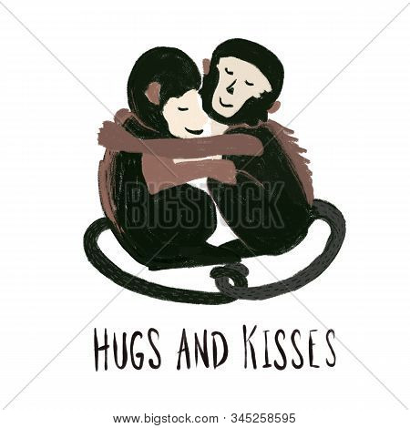 Monkeys Hugging Each Other. Love Animal Pattern. Capuchin Monkey. Hugs And Kisses Quote. Hand Drawn 