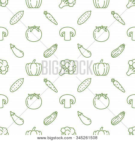 Food Background, Vegetables Seamless Pattern. Healthy Eating - Tomato, Mushroom, Carrot, Pepper, Bro