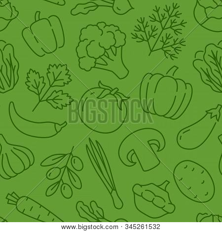 Food Background, Vegetables Seamless Pattern. Healthy Eating - Tomato, Garlic, Carrot, Pepper, Brocc