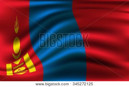 Flag Of Mongolia. Realistic Waving Flag Of Mongolia. Fabric Textured Flowing Flag Of Mongolia.