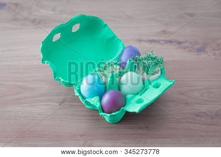 Decorative Handmade Easter Egg Present Box With Eggs And Cress. Beautiful Decoration Easternest Bask