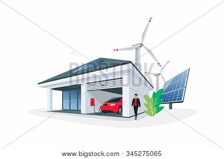 Electric Car Parking Charging At Smart House Garage Wall Box Charger Station Stand At Family Home. R