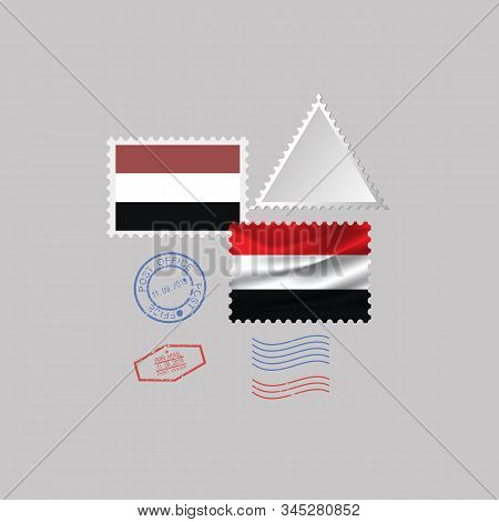 A Set Of Postage Stamps With The Image Of The Flag Of Yemen Isolated On A Gray Background. 10 Eps