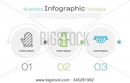 Set Line Oven Glove , Kitchen Apron  And Kitchen Colander . Business Infographic Template. Vector