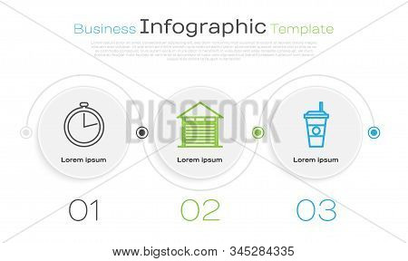 Set Line Stopwatch , Closed Warehouse  And Coffee Cup . Business Infographic Template. Vector