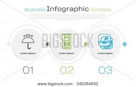 Set Line Umbrella And Rain Drops , Mobile Phone With App Delivery Tracking  And Pizza In Cardboard B