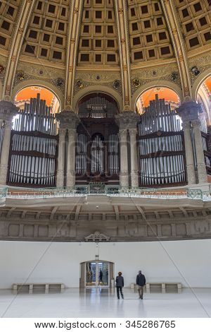 Barcelona, Spain - Dec 26th 2019: Organ Of Great Hall Of Palau Nacional Building. Barcelona, Spain