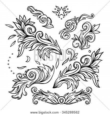 Set Of Vintage Floral Pattern Design Elements. Victorian Motif, Tattoo Design Element. Bouquet Conce