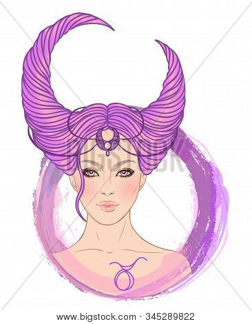 Illustration Of Taurus Astrological Sign As A Beautiful Girl. Zodiac Vector Illustration Isolated On