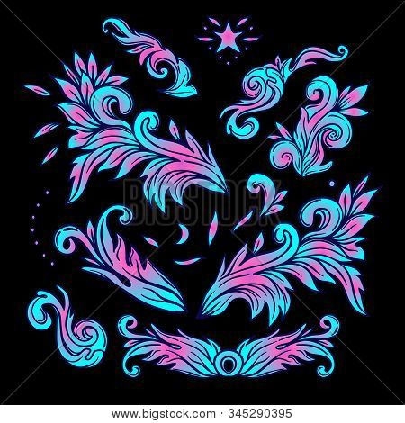 Set Of Vintage Floral Pattern Design Elements. Victorian Motif, Tattoo Design Element. Bouquet Conce