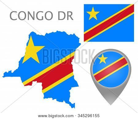 Colorful Flag, Map Pointer And Map Of Democratic Republic Of The Congo In The Colors Of The Dr Congo